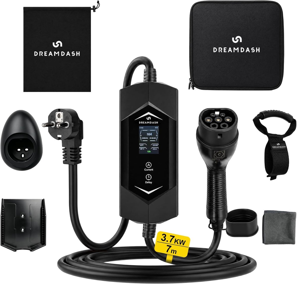 SnelShoppen - Elektrische Auto Oplaadstation 3.7 kW Enkele Fase Type 2 naar Schuko Thuis Kabel 7 m Wandlader Aanpasbaar 6-16 A, IP65, Draagbare Oplade