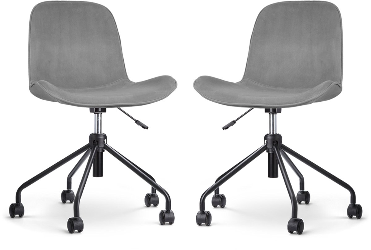 Nolon Nout-Fé Bureaustoelen Set van 2 Velvet Grijs - Stof - Fluweel - Verstelbaar - Wieltjes - Zwart Onderstel Grijs - Zwart onderstel