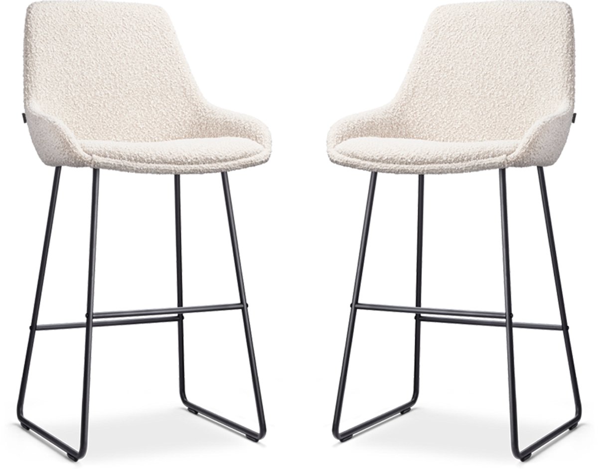 Nolon Nino-Isa Barkrukken Set van 2 Bouclé Beige - Zwart Onderstel - 75 cm - Stof - Hoge Kruk - Barkruk met Rugleuning - Design - Comfortabel Bouclé - Beige - Zwart onderstel