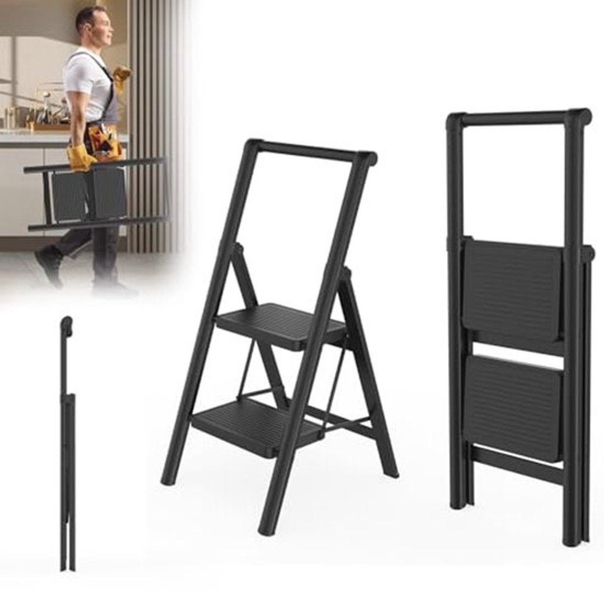 Inklapbare ladder - Met leuning - Antislip huishoudladder - Voor thuis en kantoor - Draagbaar en stabiel - Tot 250 kg