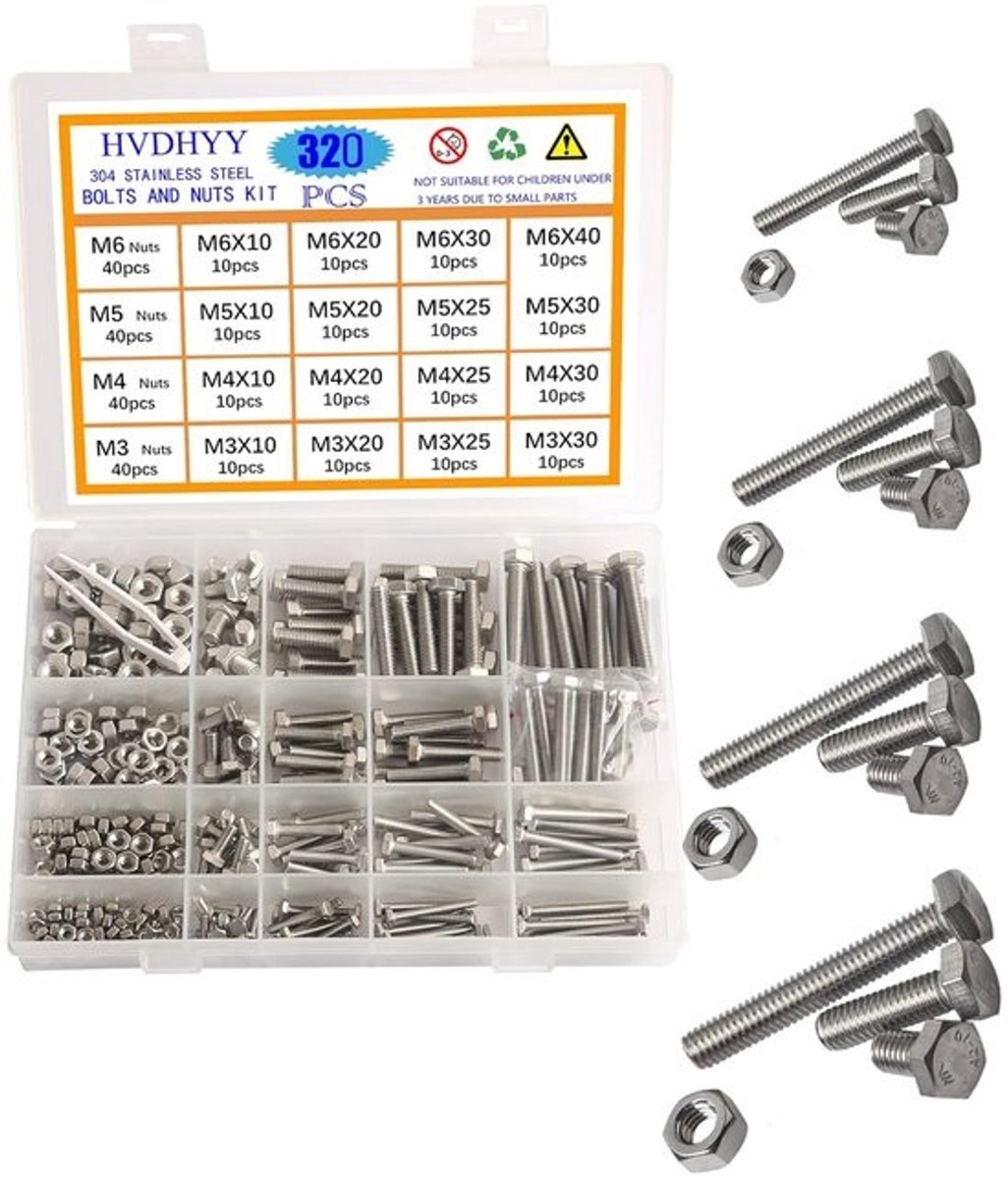 Set schroeven en moeren - Assortiment bevestigingsmateriaal - Voor algemeen kluswerk - 320-delig roestvrij staal - M3 t/m M6 - Zilver