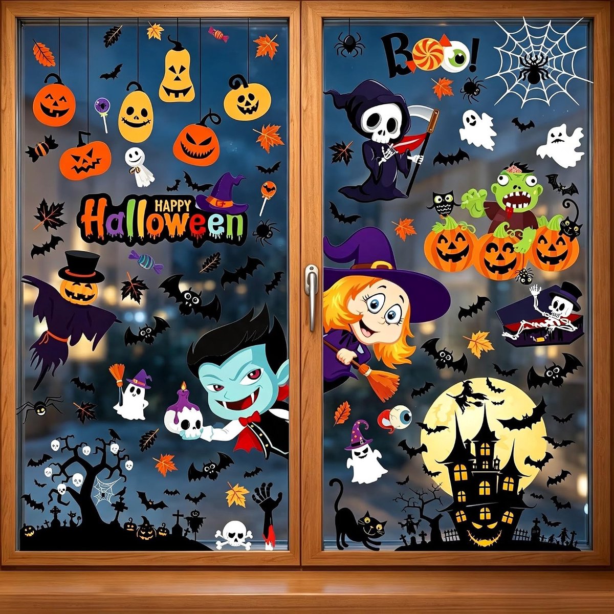 Raamstickers - 101 stuks met pompoen, spinnenwebben, vleermuizen, heksen, geesten, feestdecoraties, kinderkamers
