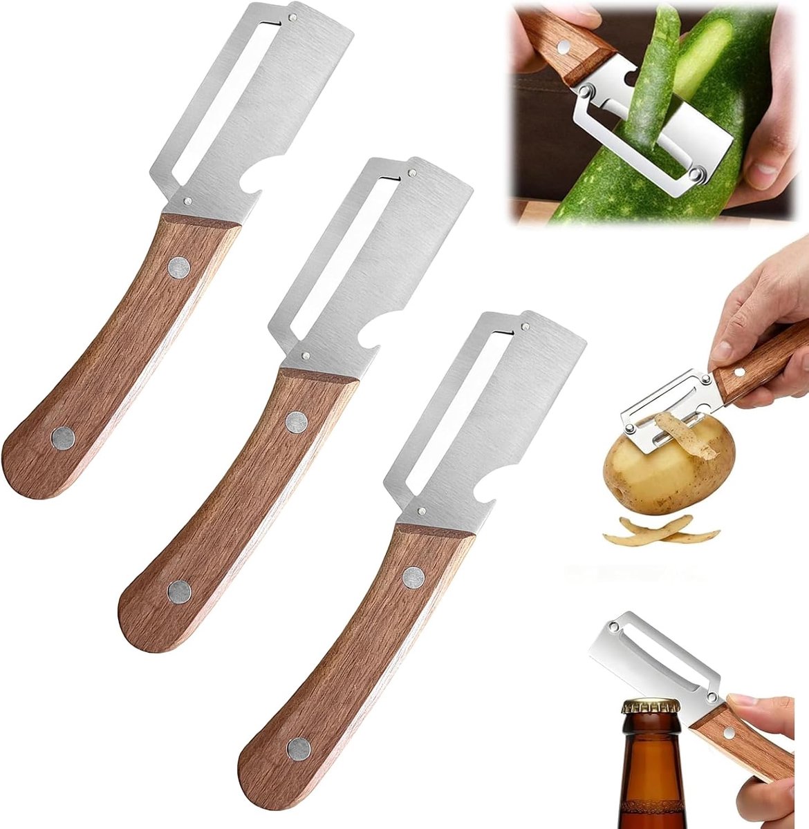 Snag 3-in-1 multifunctionele groenteschiller voor de keuken, met ultrascherp roestvrijstalen lemmet, dunschiller met houten handvat en flesopener, dunschiller voor fruit, groenten en