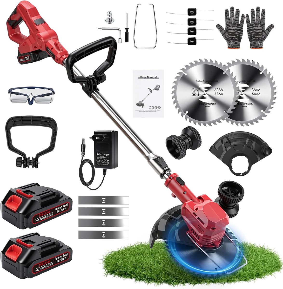 Accu-grastrimmer met accu en oplader, 3-in-1 bosmaaier, motorzeis en graskantensnijder, 21V elektrische accu-grastrimmer met 2x1,5Ah accu's, telescoopstang, 90° draaibare kop voor tuintrimmen