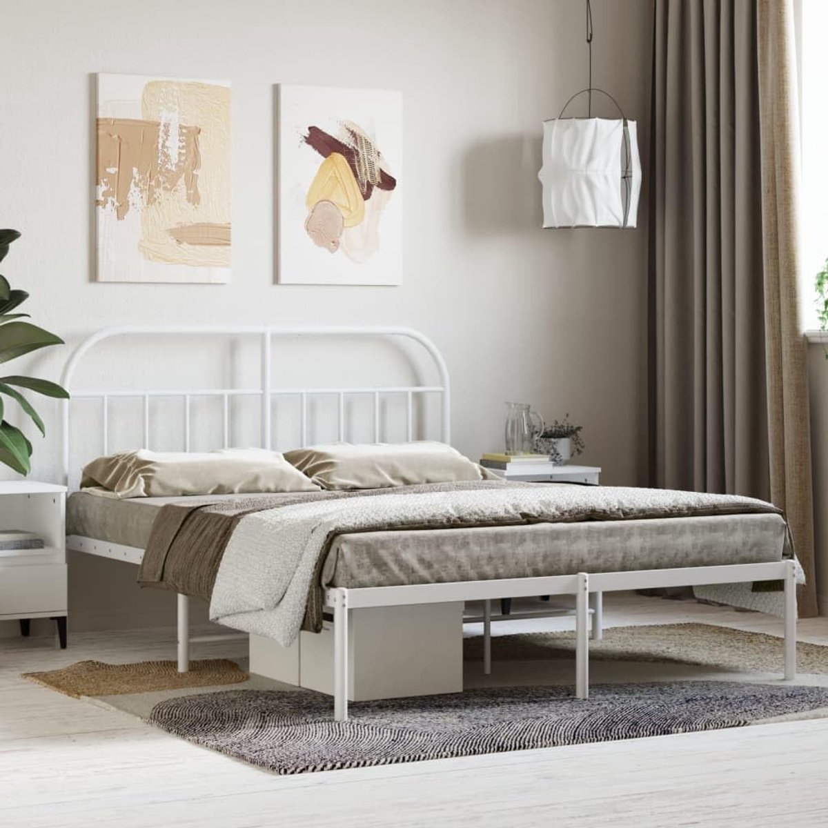 Bedframe met hoofdeinde, metaal, wit, 150 x 200 cm, hotelbedframe, bedframe voor woonkamer, slaapkamer