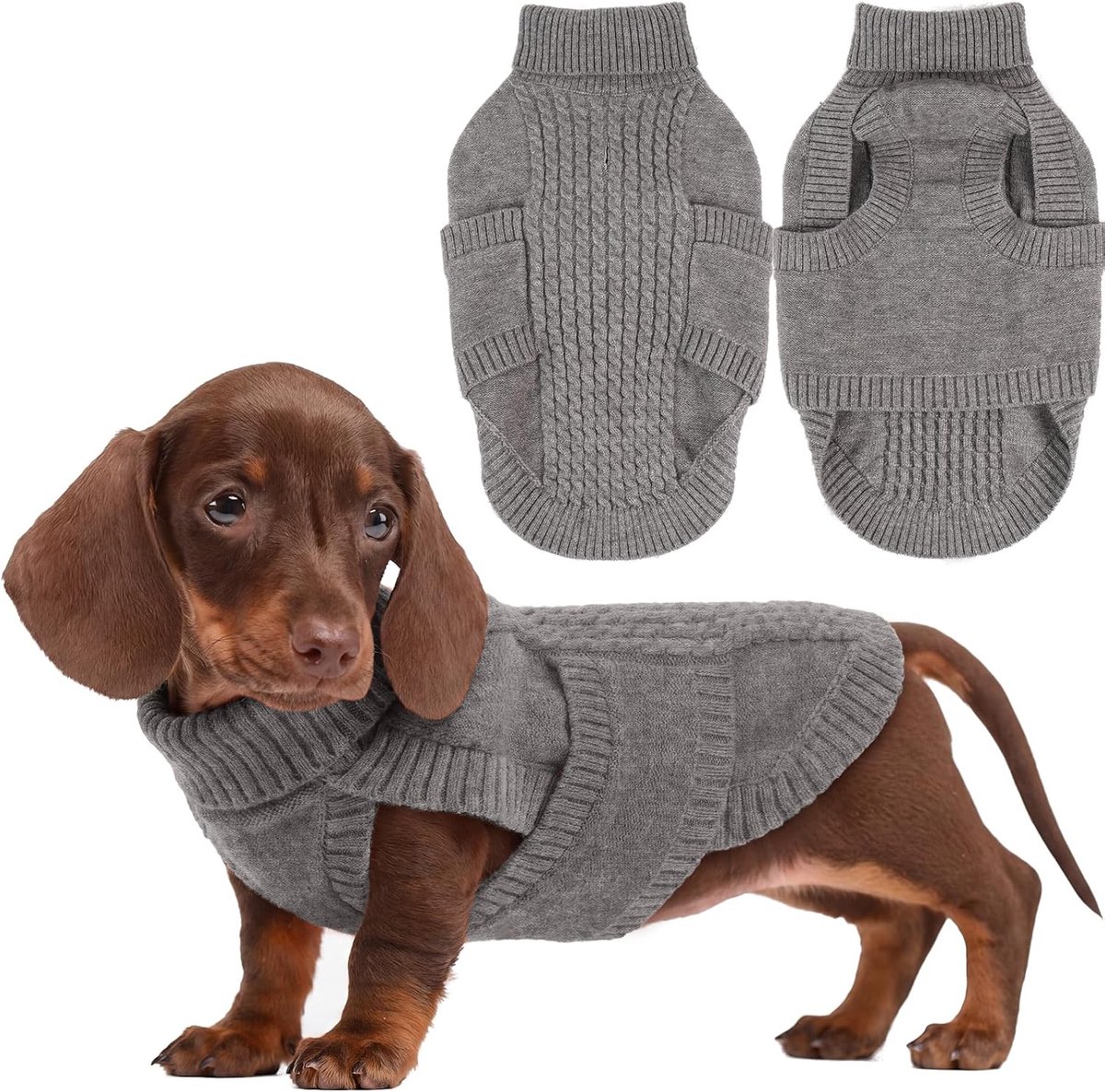 Hondentrui voor de winter | Klassieke kabelgebreide hondentrui met harnasgat | warmere trui met rolkraag voor kleine honden | mouwloze puppykleding | Pommeren (lichtgrijs, S)