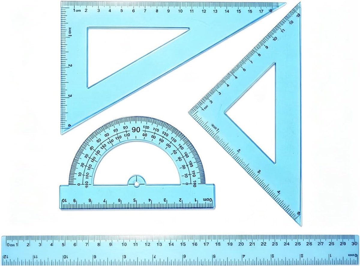 Liniaal set 4-delig: liniaal 30 cm blauw transparant geodriehoek 45°/60° geodriehoek versterkte gradenboog - stabiele scheurvastheid voor school en kantoor