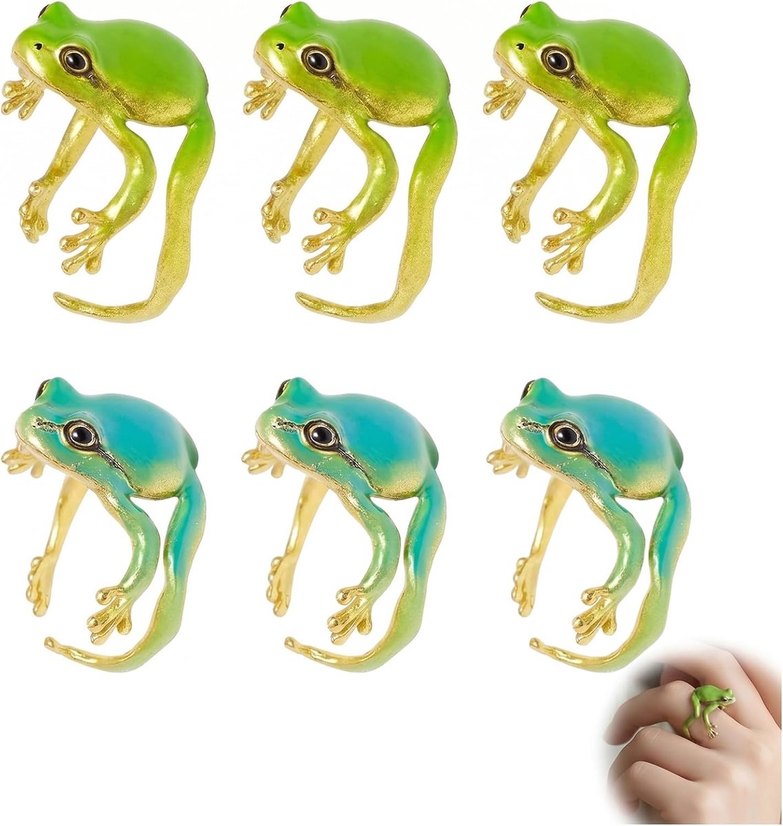 Ringen voor kinderen en volwassenen, verstelbare ring in kikkervorm, grappige modesieraden voor meisjes en jongens, (groen + blauw)