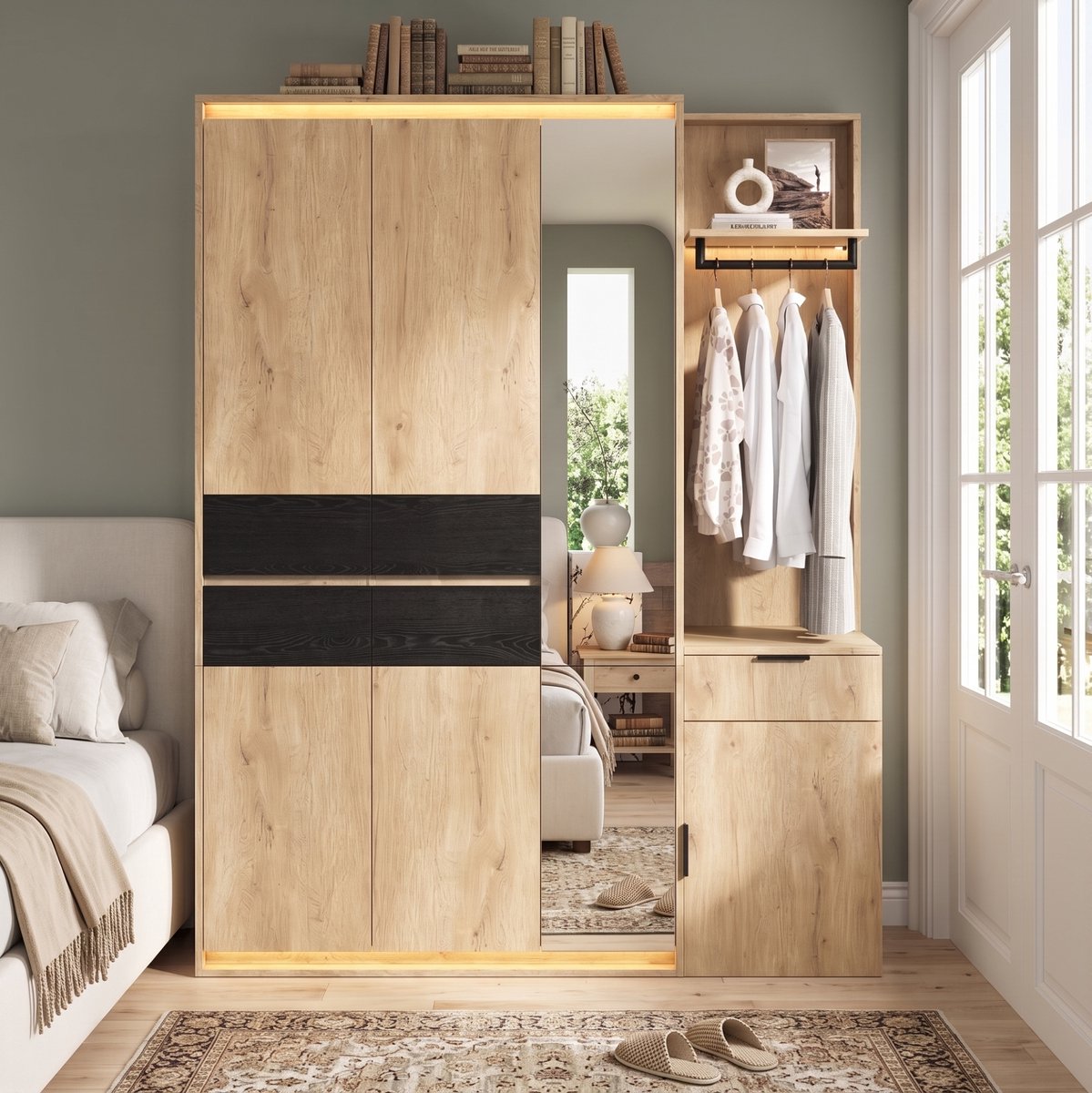 STILVORA Kledingkast Met Spiegel En Ledverlichting - 3 Kledingstangen En 5 Lades - Voor Hal En Slaapkamer - MDF - 155x47x200 Cm - Eikenlook Houtkleur