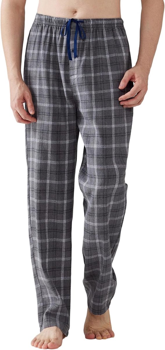 Pyjama voor heren, flanel, katoen, geruite slaap- en loungebroek, pyjamabroek met zakken en knoopgulp