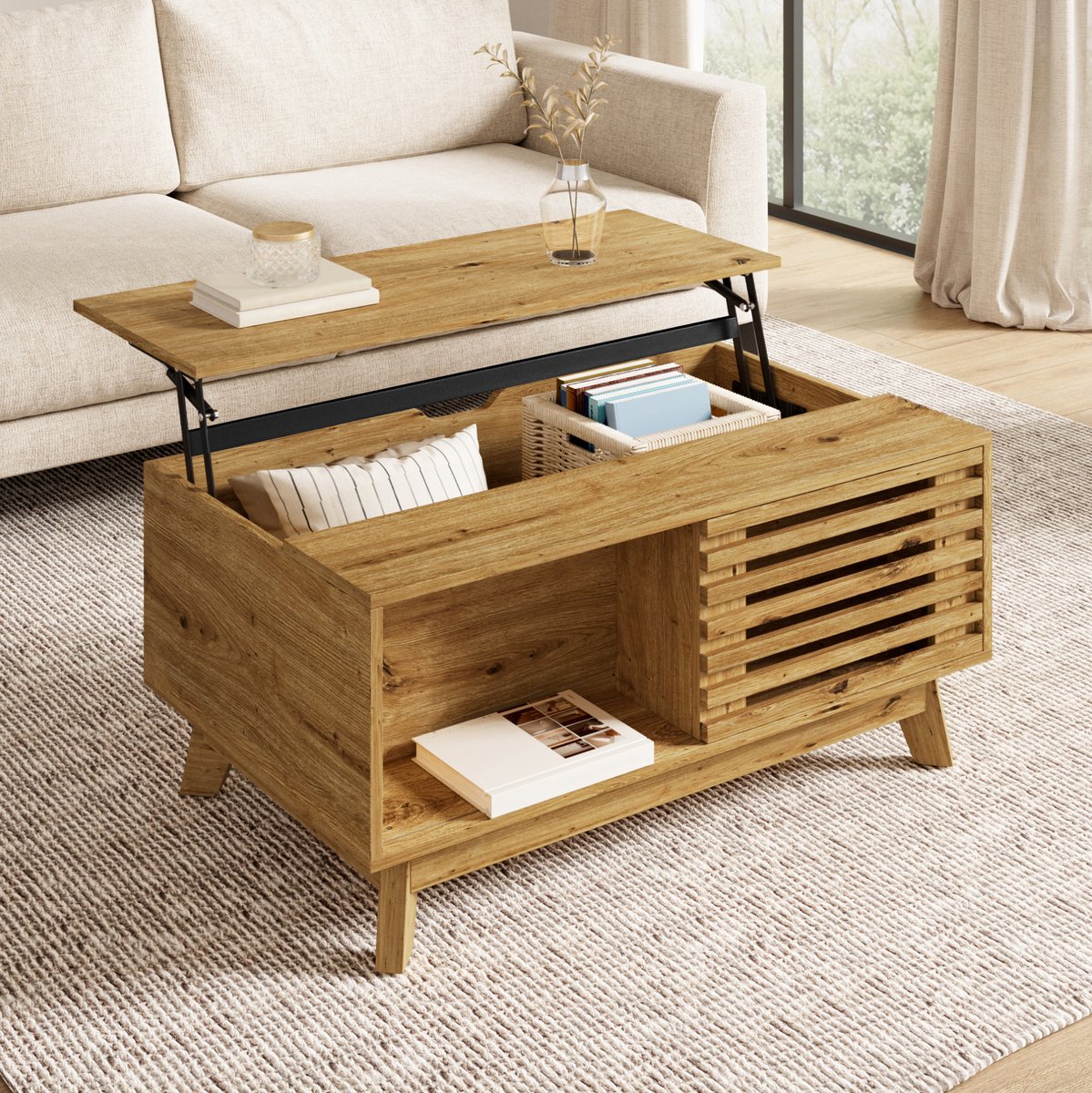STILVORA Salontafel - Verstelbaar Tafelblad Met Opbergruimte - Voor Woonkamer En Kleine Ruimtes - MDF - 90 x 55 x 57,5 Cm - Natuurlijk