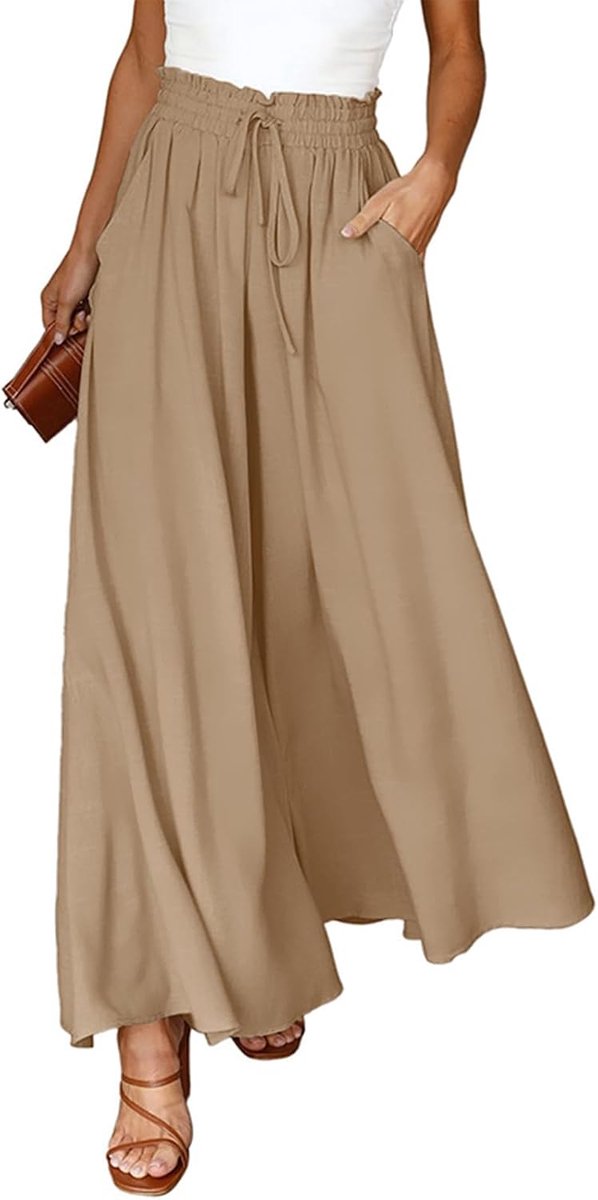 Palazzo Damesbroek, zomer, licht, casual, wijde broek, vrijetijdsbroek, elegant, effen, marlenebroek, brede pijpen, broek met hoge taille, elastische zakken, trekkoord