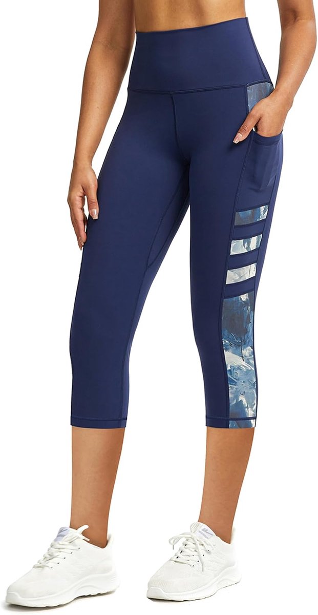 Sportlegging voor dames, met zakken, ondoorzichtig, hoge taille, sportbroek voor dames, 3/4 fitnessbroek, loopbroek, capri