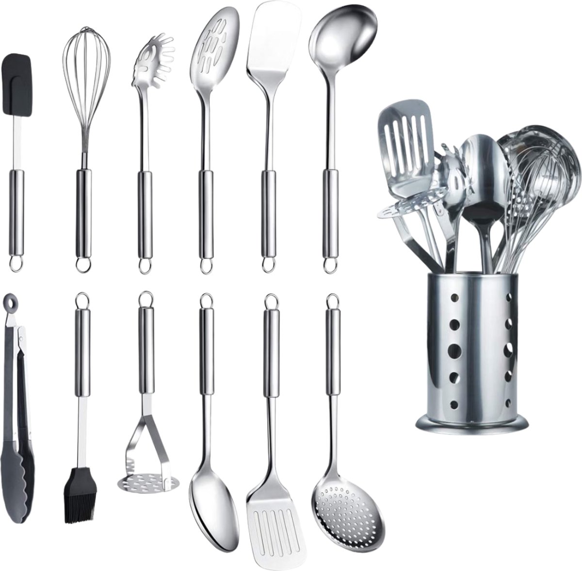 Verte - Keukengerei Set met Houder - Roestvrij Staal - 13-Delige Set Met 1 Standaard - Kooklepelset - Pollepel Met Gleuf - Schuimspaan - Opscheplepel - Pastaschep - Aardappelschiller - Set Van 13