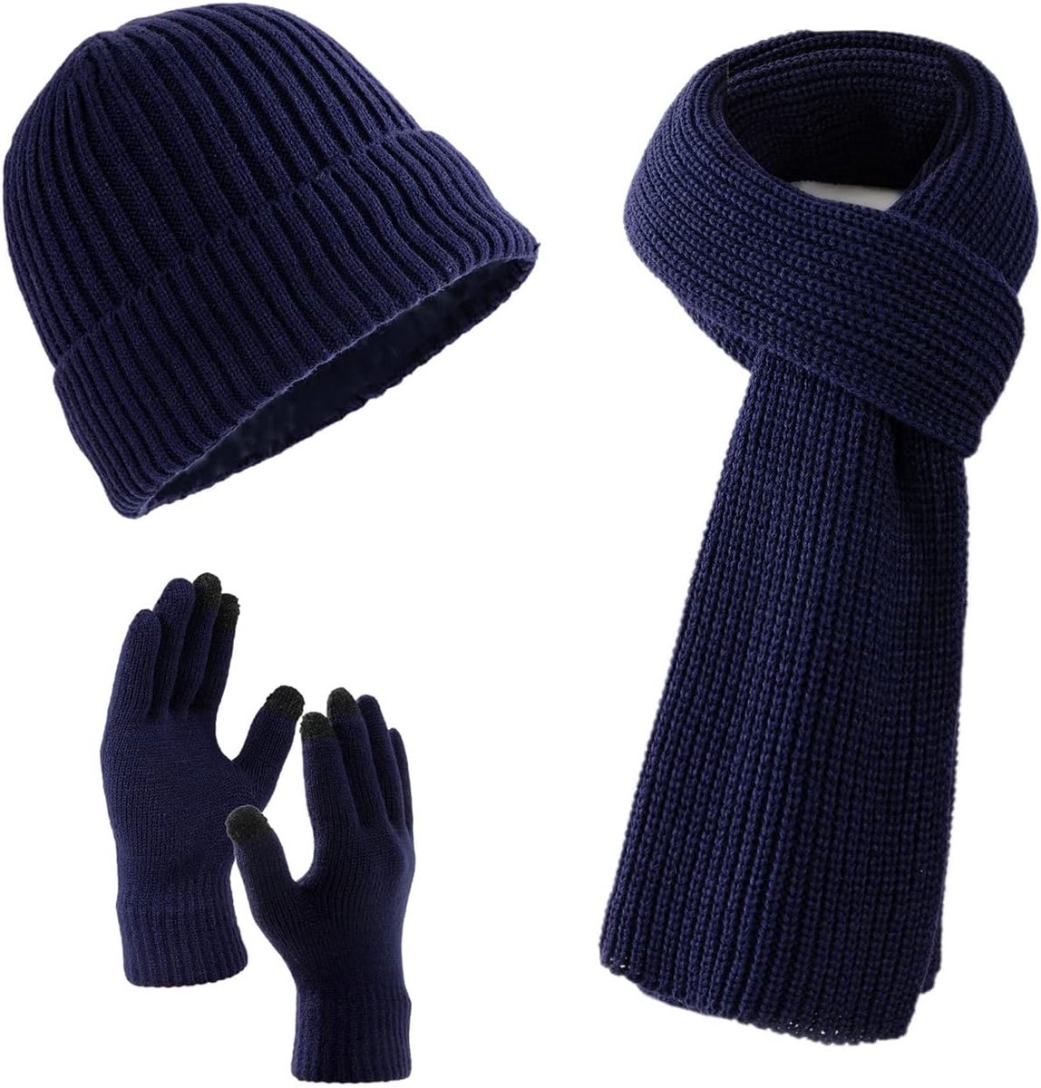 3 stuks mutsen, sjaal met touchscreen-handschoenen voor dames en heren, uniseks set voor koud weer, met fleece gevoerd en geschenkzakje