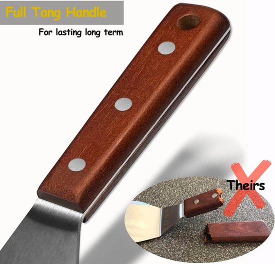 Burger Spatel Turner voor gietijzeren koekenpannen en platte grills, volledig tang-houten handvat, roestvrijstalen mes, 13,7 cm x 7,5 cm — afbeelding 3