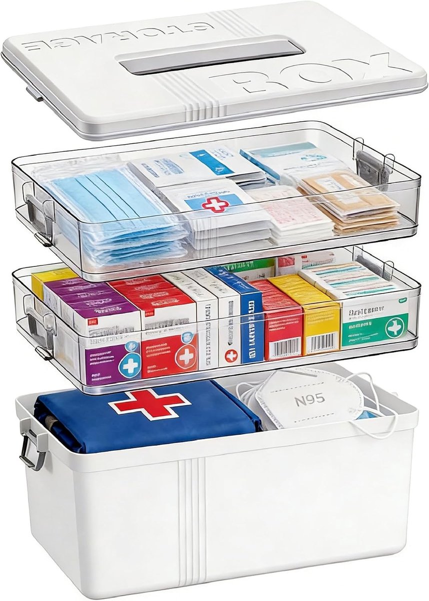 Multifunctionele 3-laagse Medicijnendoos met Leren Handvat, 33.5 x 22 x 26.5 cm, Ideaal voor Thuis, School en Reizen, Ruime Organizer voor Gezinsmedicatie
