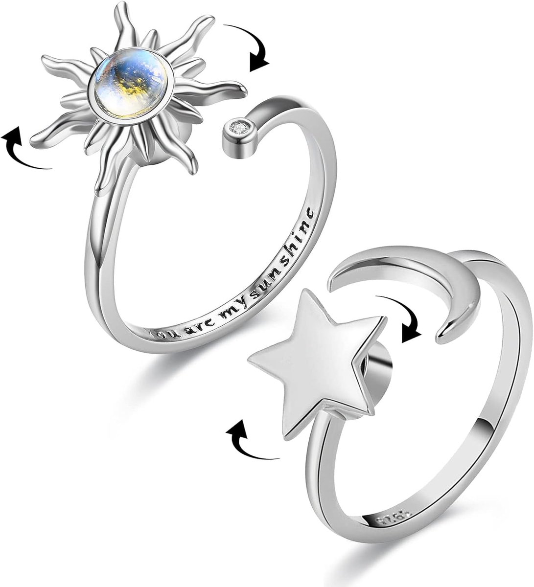 Ring voor Vrouwen, 2Pcs Verstelbare Open Spinner Ringen voor Angst Vrouwen Zilveren Fidget Ringen Moon Star Ring Angst Relief Ring met Giftdoos