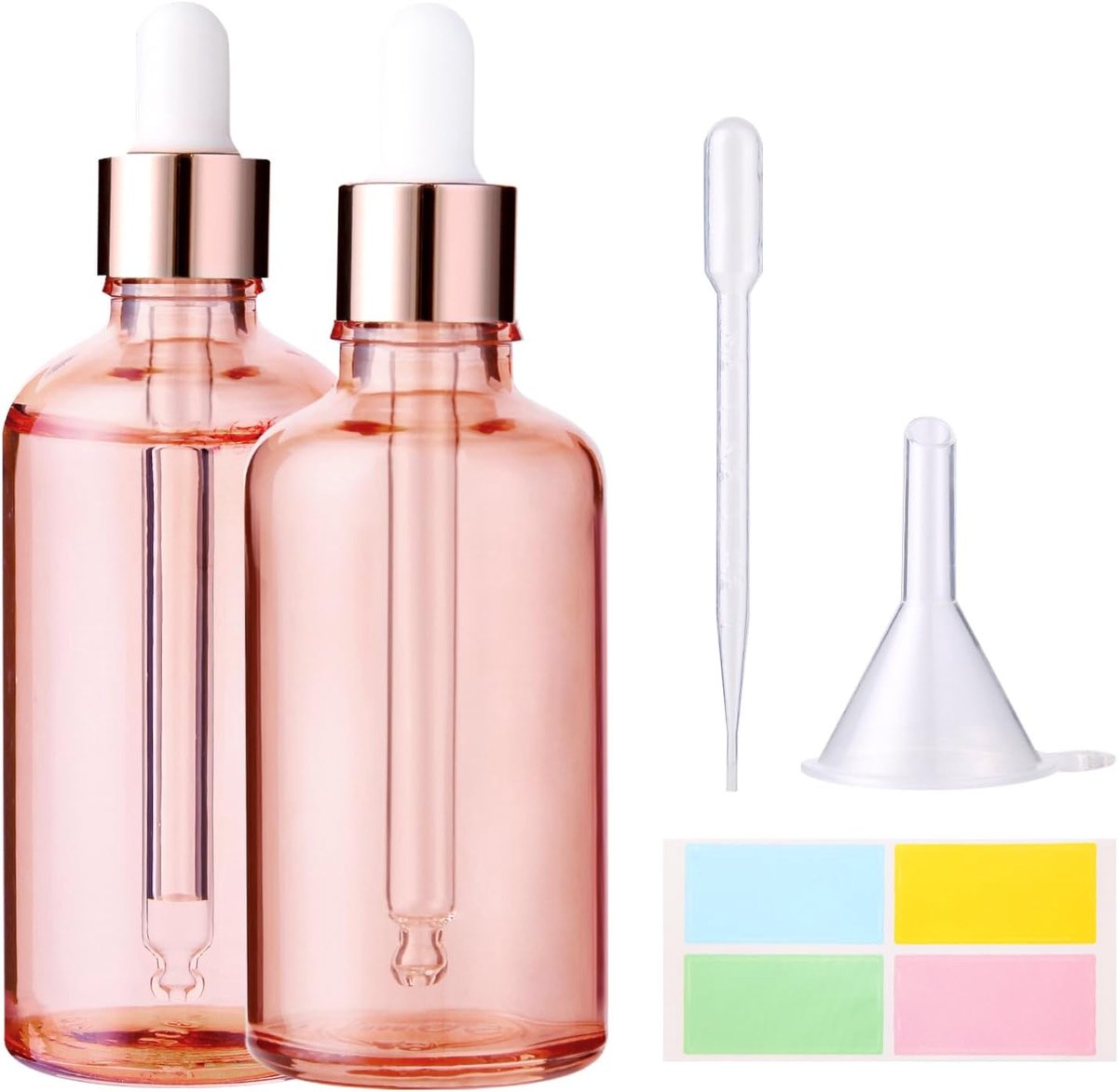 Roségouden glazen fles met glazen pipet, 2x100ml | druppelflesjes navulbaar voor etherische olie, aromatherapie-mengsels