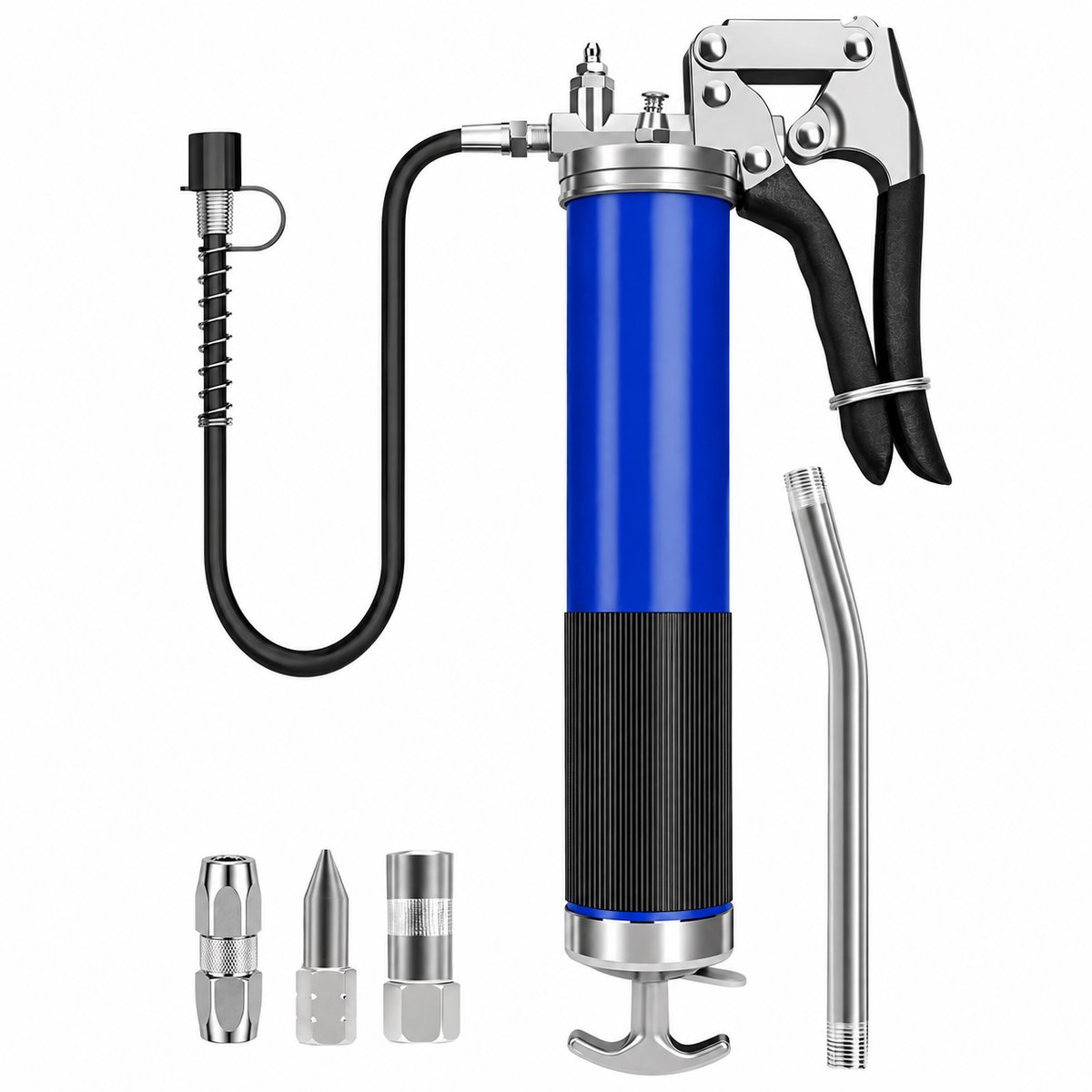 Vetspuit - Eenhands Vetspuit 400 cc met Pistoolgreep - Handmatige Vetspuit en Vetpistool tot ca. 6000 PSI - Met Flexibele Slang, Metalen Buis, Vergrendelkoppeling en 90° Adapter - Vetpers voor Auto en Machines - Blauw