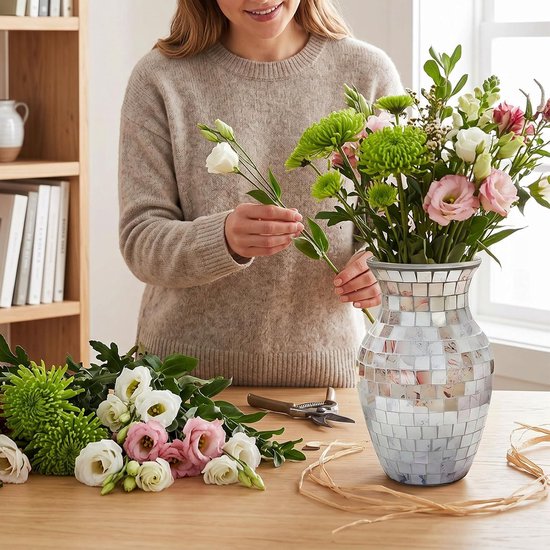 Bloemenvaas, handgemaakte mozaïek glazen vaas, 20 x 10 x 11 cm, decoratieve vazen, tafeldecoratie en bruiloftsdecoratie, moderne bloemenvaas voor woonkamer, keuken, slaapkamer en kantoor (roze)