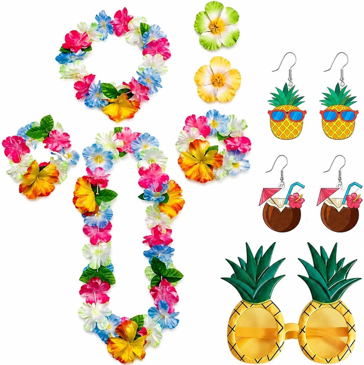 Outfit voor dames, 9-delig, kleurrijk Hawaï-kostuum voor dames, met bloemenketting, hoofdband, armband, oorbellen, zonnebril, zomer, Hawaï-decoratieset voor strandfeest, Luau, carnaval