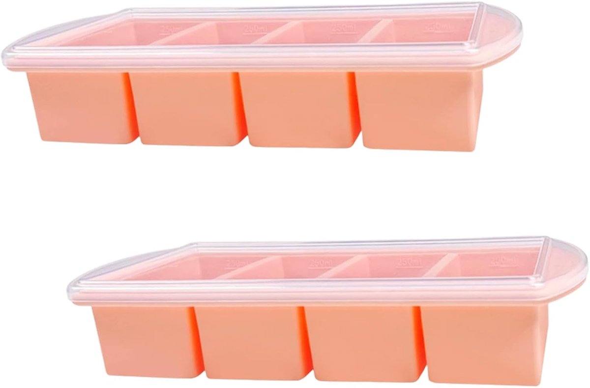 2 stuks siliconen vriesvormen met deksel, ijsblokjesvorm met deksel voor soep en saus, siliconen vriescontainer voor meal prep (roze, 4 vakken)