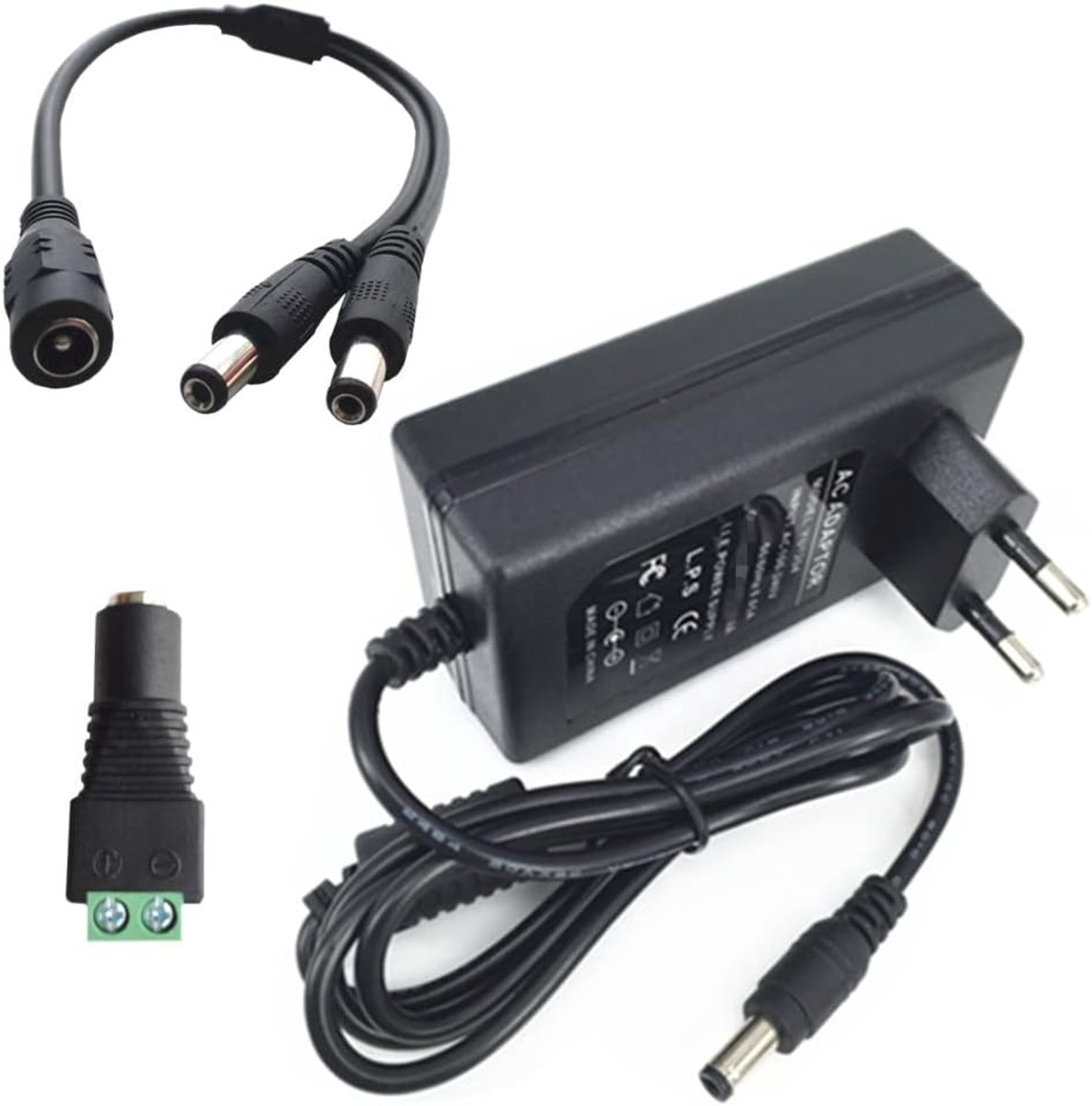 Adapter Voeding 12V 3A Netadapter Muurstekker 2,1/2,5 mm x 5,5 mm Voor LED-strip en 12V Bus Kabelstekker Met 1 Naar 2 Y-splitters Kabel