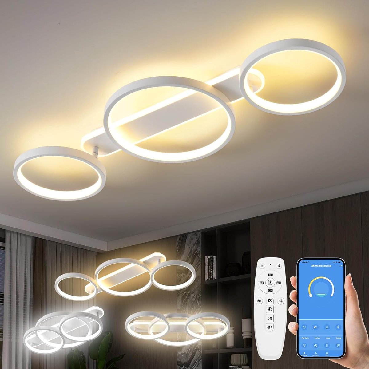 SnelShoppen - LED Plafondlamp Dimbaar met Afstandsbediening en App, Verstelbare Ringvormige Chandelier Lamp 36W 3000-6500K voor Woonkamer en Slaapkame