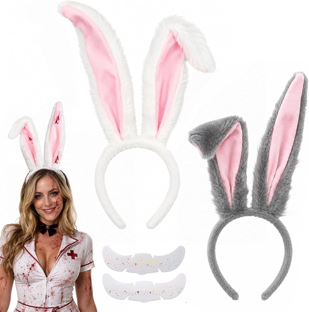 Set van 2 Pluche Hare Ears Haarbanden voor Halloween, Carnaval, Cosplay en Feestaccessoires