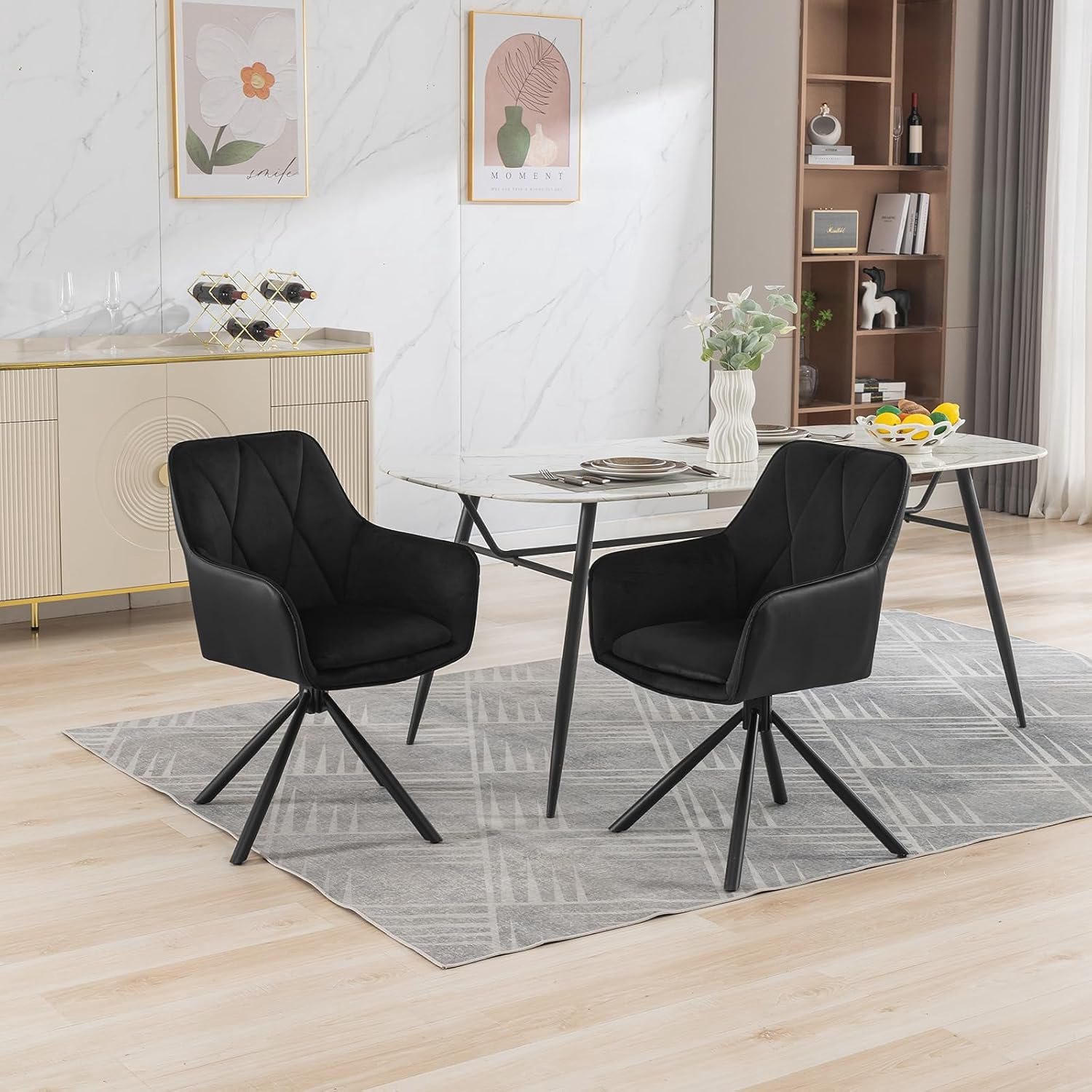 Draaibare Eetkamerstoelen met Armleuningen Set van 2 – Zwarte Fluwelen en Kunstleren Keukenstoelen met 360° Draaifunctie, Ergonomische Rugleuning, Metalen Onderstel en Comfortabele Bekleding – 150 kg Draagvermogen – 41 x 40 x 85,5 cm