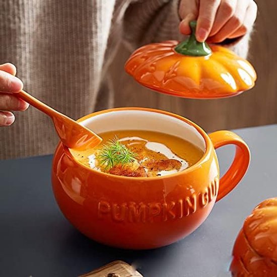 Pompoen mok met deksel, keramische mok van 4,7 inch hoog, pompoenvormige keramische mok voor melk en ontbijtgranen, met deksel, geschikt voor thuisgebruik en Halloween-feestjes — afbeelding 3