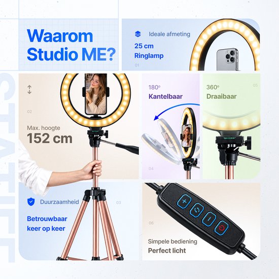 Studio ME 25cm ringlamp, 152cm hoog, 180 graden kantelbaar en 360 graden draaibaar voor perfecte hoeken.