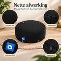 Zwart meditatiekussen met details van duurzame stof, stevige naden, blauw oog-label en kwaliteitsrits.