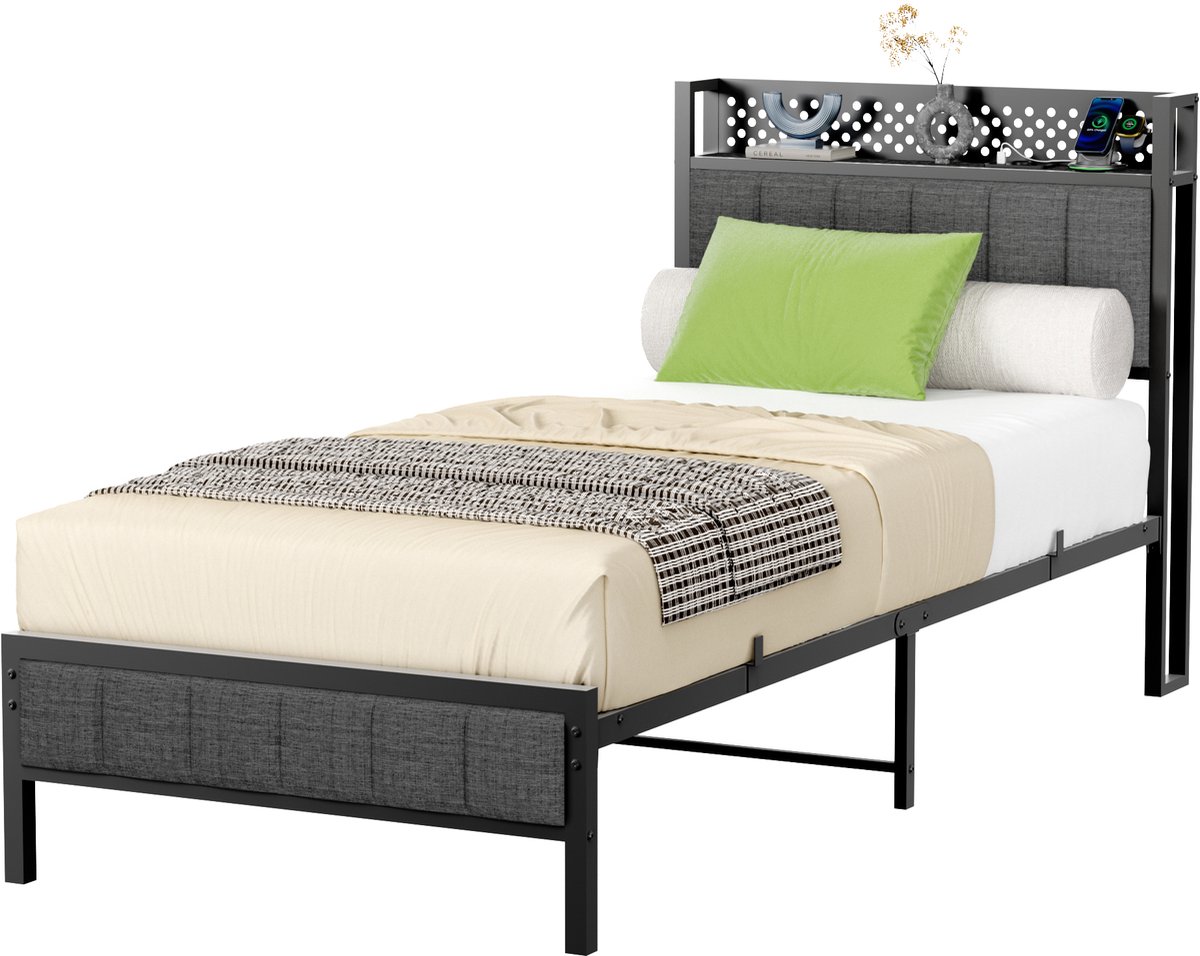 MEUNIQ metalen bedframe 90 x 200 cm met gestoffeerd hoofdbord, USB- en oplaadpoorten, hoofdbordplank en opbergruimte onder bed - zwart