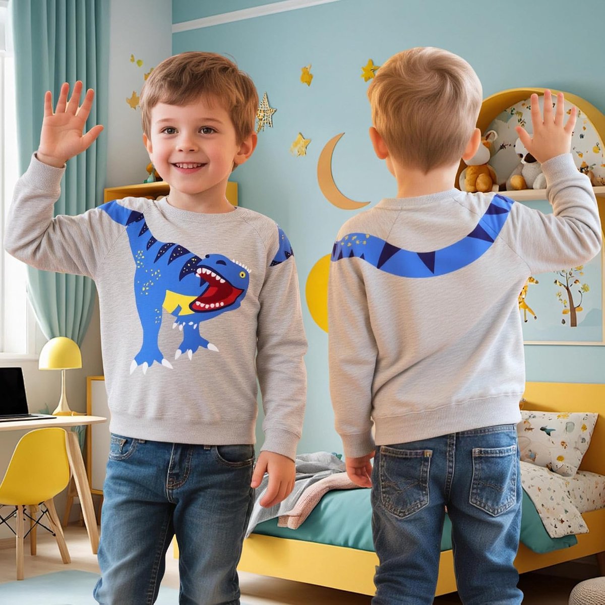 Sweatshirt voor Jongens Katoenen Trui met Ronde Hals Dinosaurus Graafmachine Patroon Pullover Kerstman Eland Print Jumper Warme Lange Mouwen Sweater Herfst Winter Top voor Kinderen 2-7 jaar
