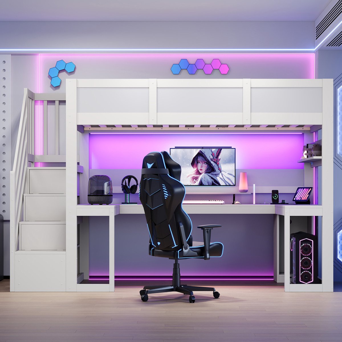 FloraGrace Hoogslaper 90x200 cm - Met Bureau, Ledverlichting en USB-Aansluiting - Opbergruimte en Trap - MDF - Zonder Matras - Wit