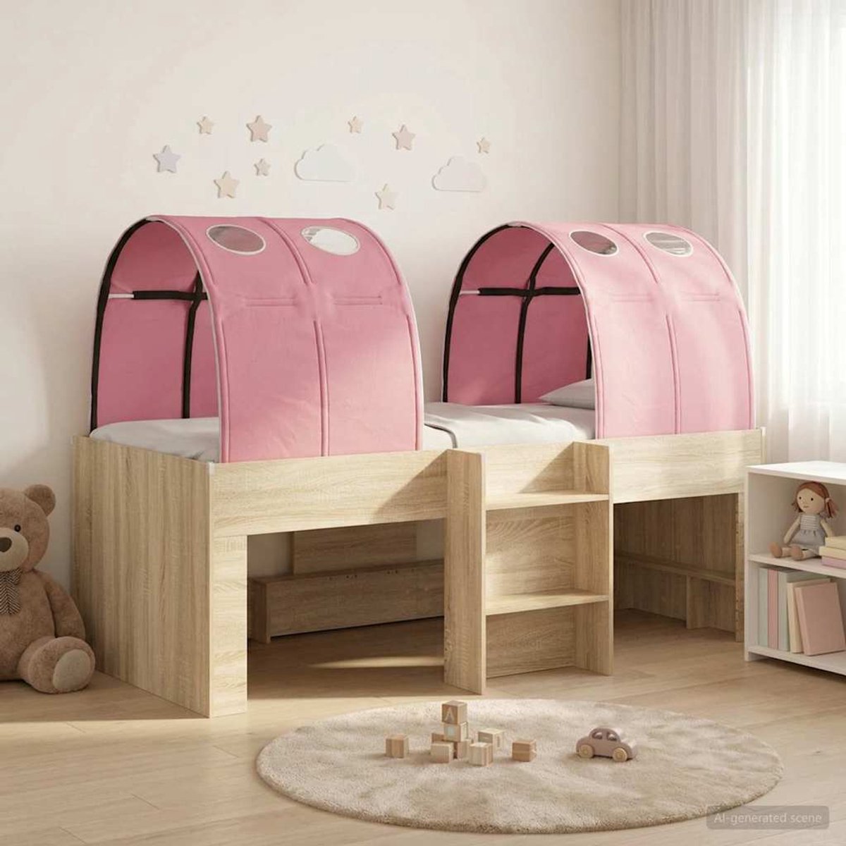 vidaXL Bed - met - Tunnel - 4 - st - Sonoma - en - Roze - Bewerkt - hout Sonoma en roze