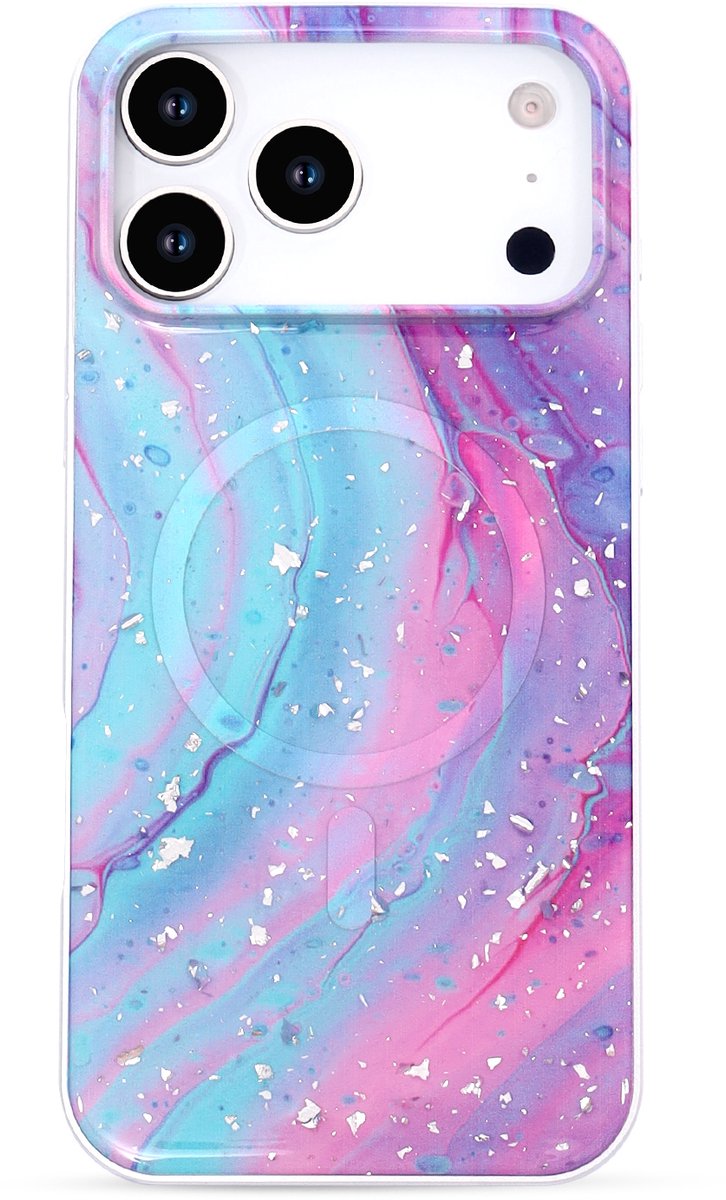 Casemania Hoesje Geschikt voor Apple iPhone 18 Pro - Unicorn - Marmer Glitter Magnetisch Back Cover - Geschikt voor MagSafe - Roze en Blauw
