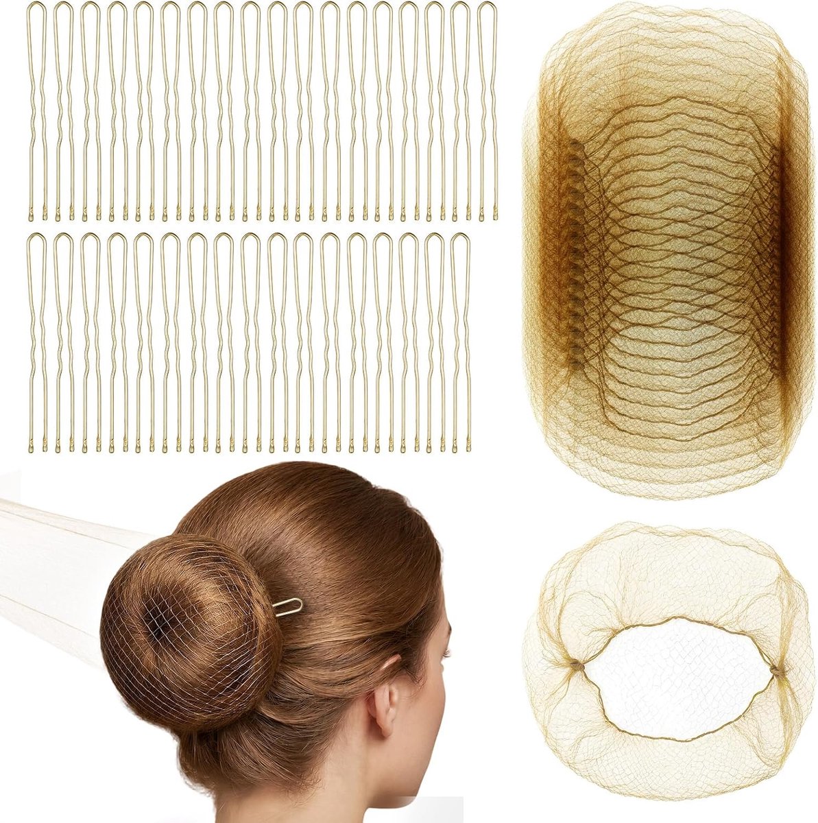 20 stuks onzichtbare haarnetjes, knot met 40 haarspelden (goud)