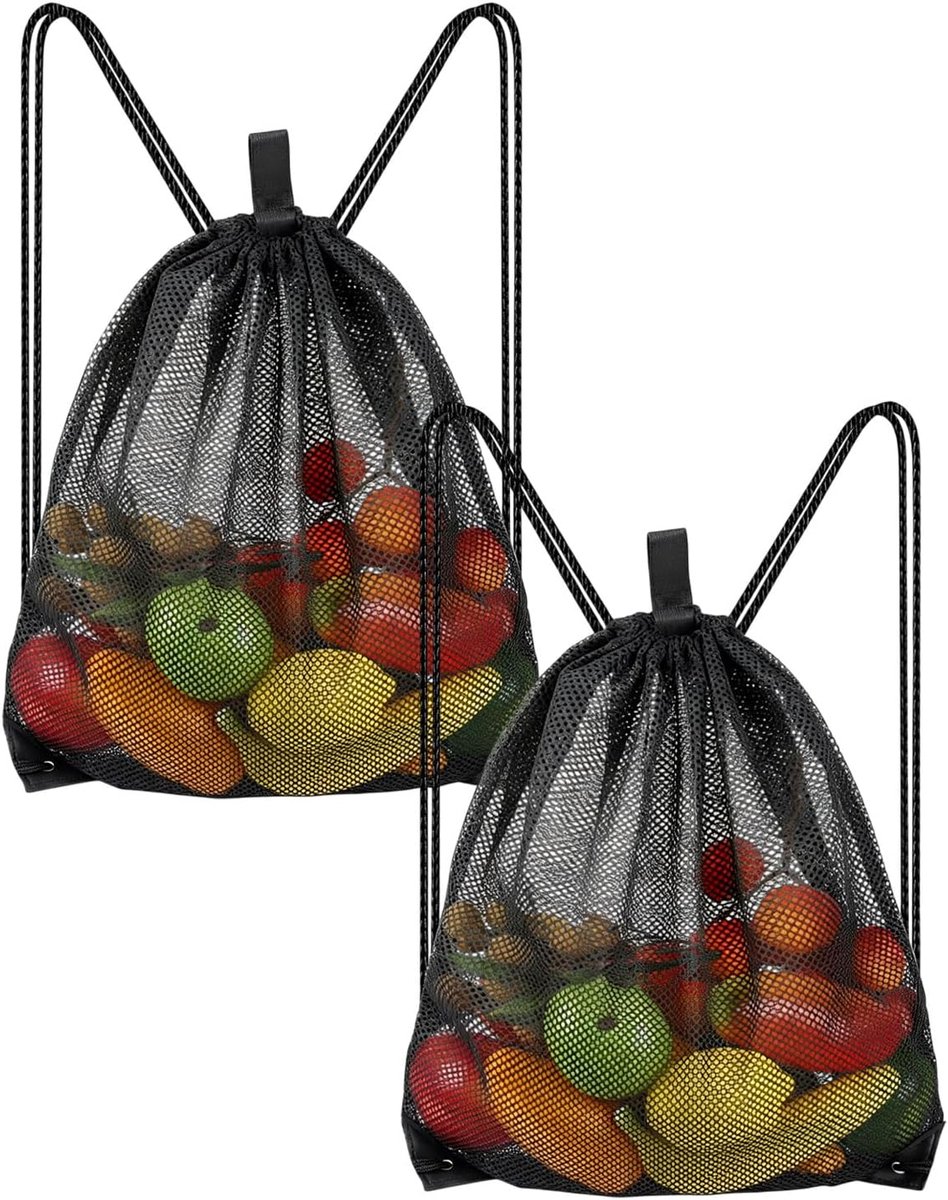 2 stuks Nettas met koordtrekking Zwart 38x45cm Mesh Turntas Sporttas Gym Rugzak Atemgevend Licht Festival Strandtas Winkelnet Fruit Groente Wasgoed Opslag