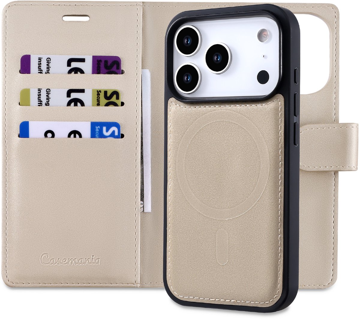 Casemania Hoesje Geschikt voor Apple iPhone 18 Pro - Gold - 2 in 1 Bookcase met Velvet Finish - Geschikt voor MagSafe - Magnetisch Portemonnee Telefoonhoesje met Pasjeshouder en Afneembare Cover - Kunstleer Wallet Case - Goud