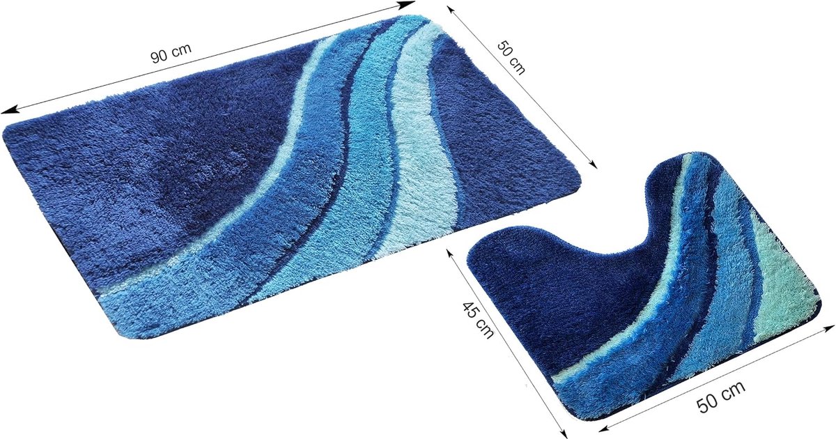 2-delige badmatset, badmat, kiel, blauw met uitsparing, microvezel, antislip, wasmachinebestendig