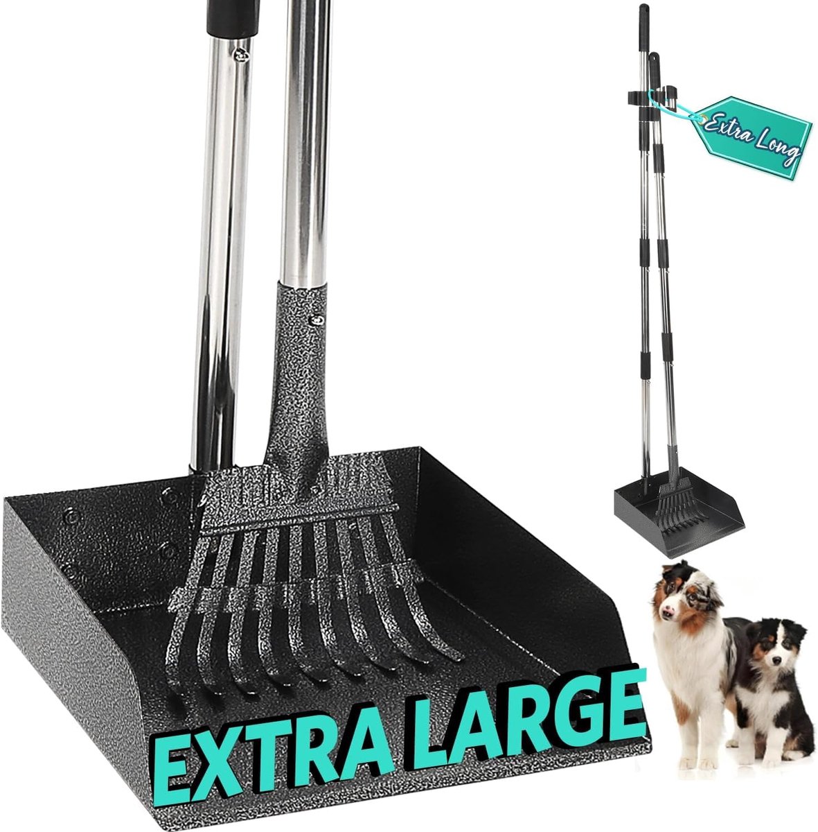 106 cm poepschep met verstelbaar handvat, duurzame metalen hark en dienblad voor honden, poepschep voor gazons, gras, vuil, grind - 2 stuks