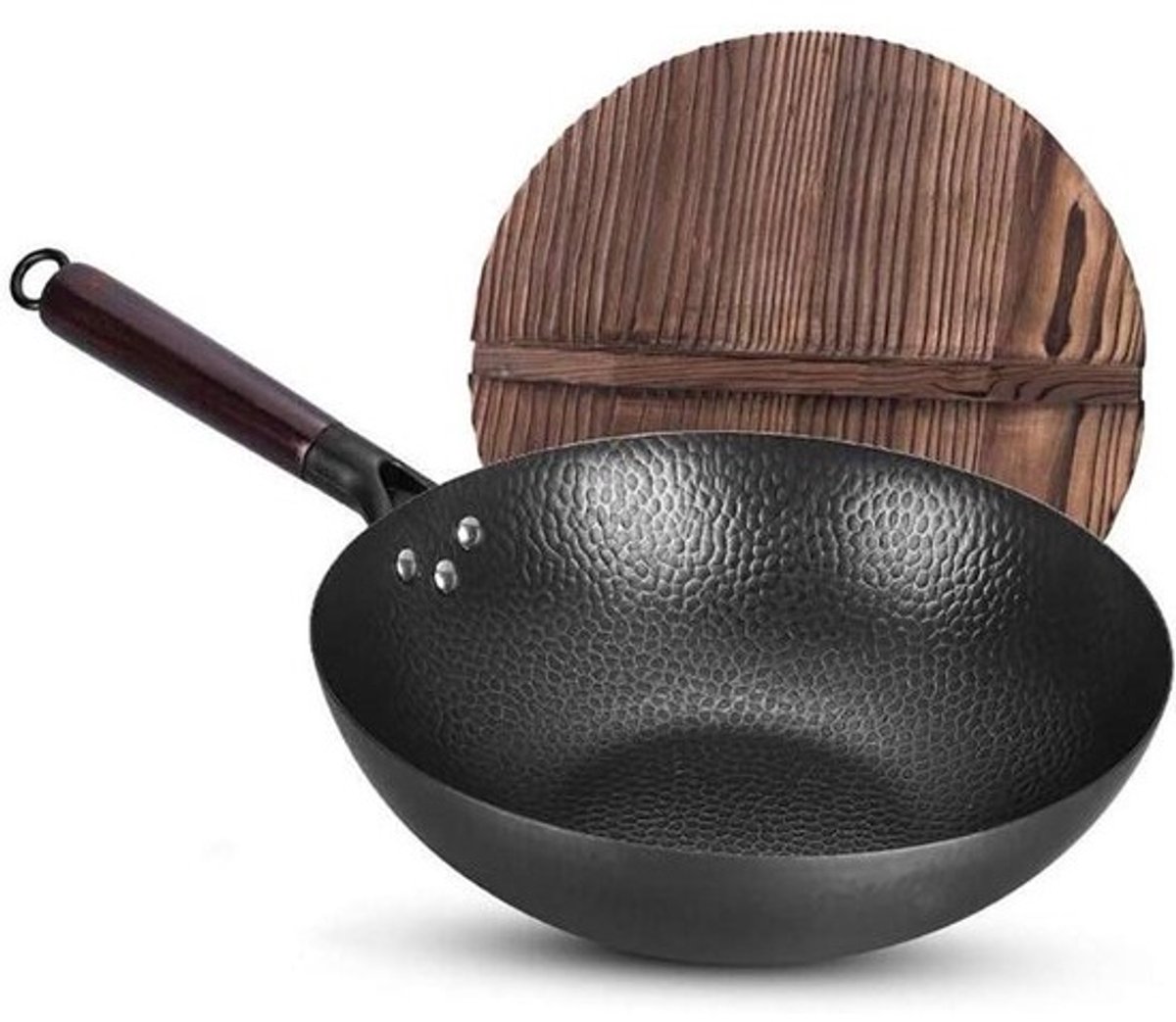 Wok Smeedijzer - Ouderwetse Wok Pan - Koken op Inductie - Handgemaakt Visschaalontwerp - 32 cm - Zwart