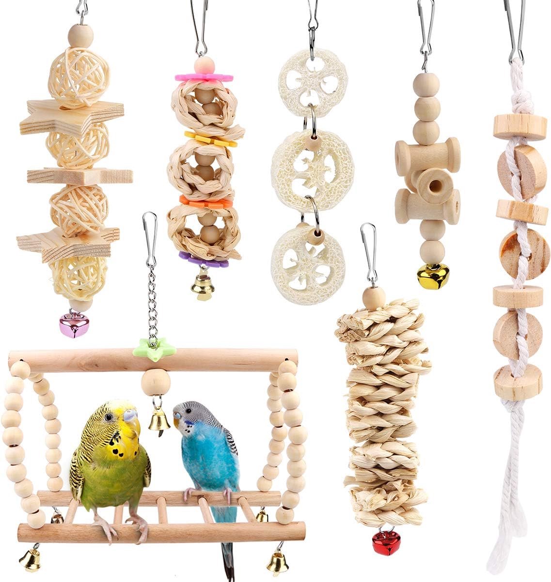 Speelgoed voor vogels, set van 7, houten ladder met landingsplaats, voor in de vogelkooi, accessoires voor parkieten, papegaaien, grijze papegaaien, valkparkieten, vinken, kaketoe‘s, ara‘s