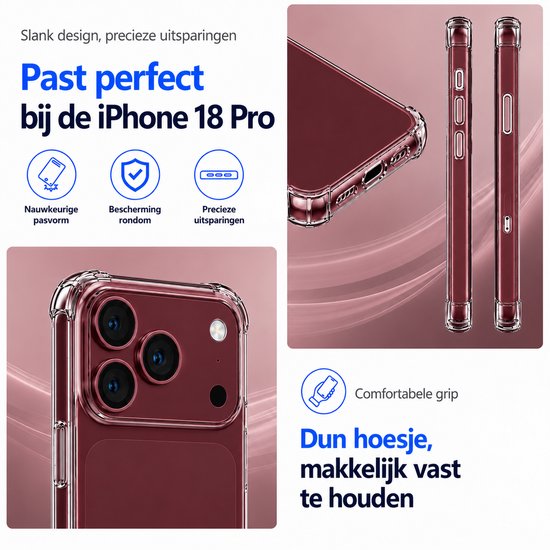 Slank transparant hoesje voor iPhone 18 Pro met nauwkeurige uitsparingen en comfortabele grip.