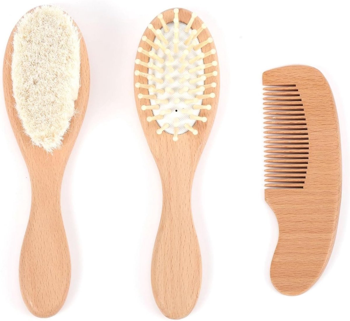 Haarborstelset voor Baby's met Houten Handvat, Natuurlijke Wol Borstels en Kam, Perfect als Kraamcadeau voor Pasgeborenen en Peuters