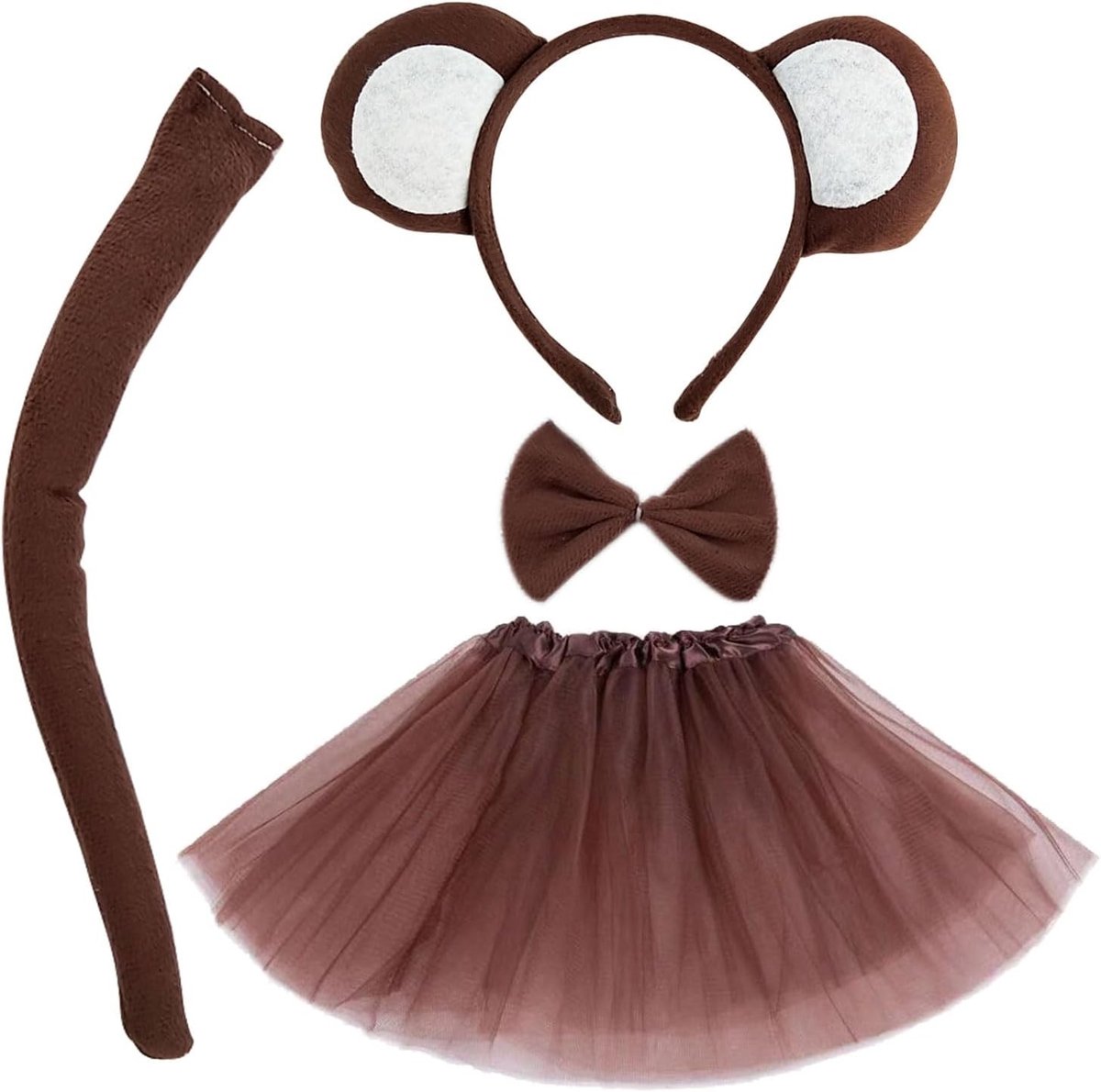 4-delige Aap Kostuum Set voor Volwassenen en Kinderen - Staart, Strik, Haarband en Tutu Rok voor Halloween, Carnaval en Cosplay Feesten