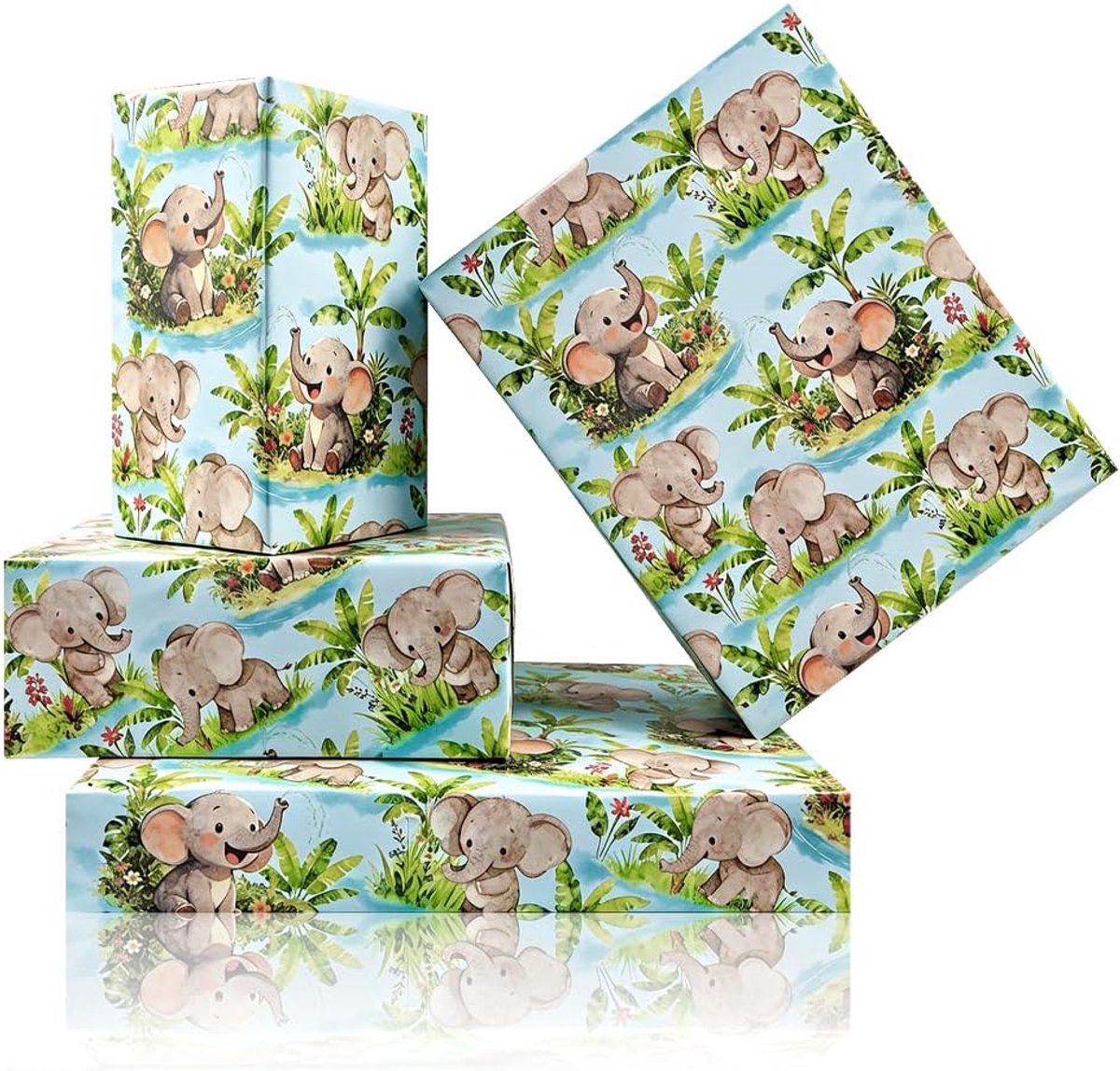 Inpakpapier olifant spelen in de jungle - 4 vellen geschenkverpakking - schattige babyolifanten print - ShopVlot